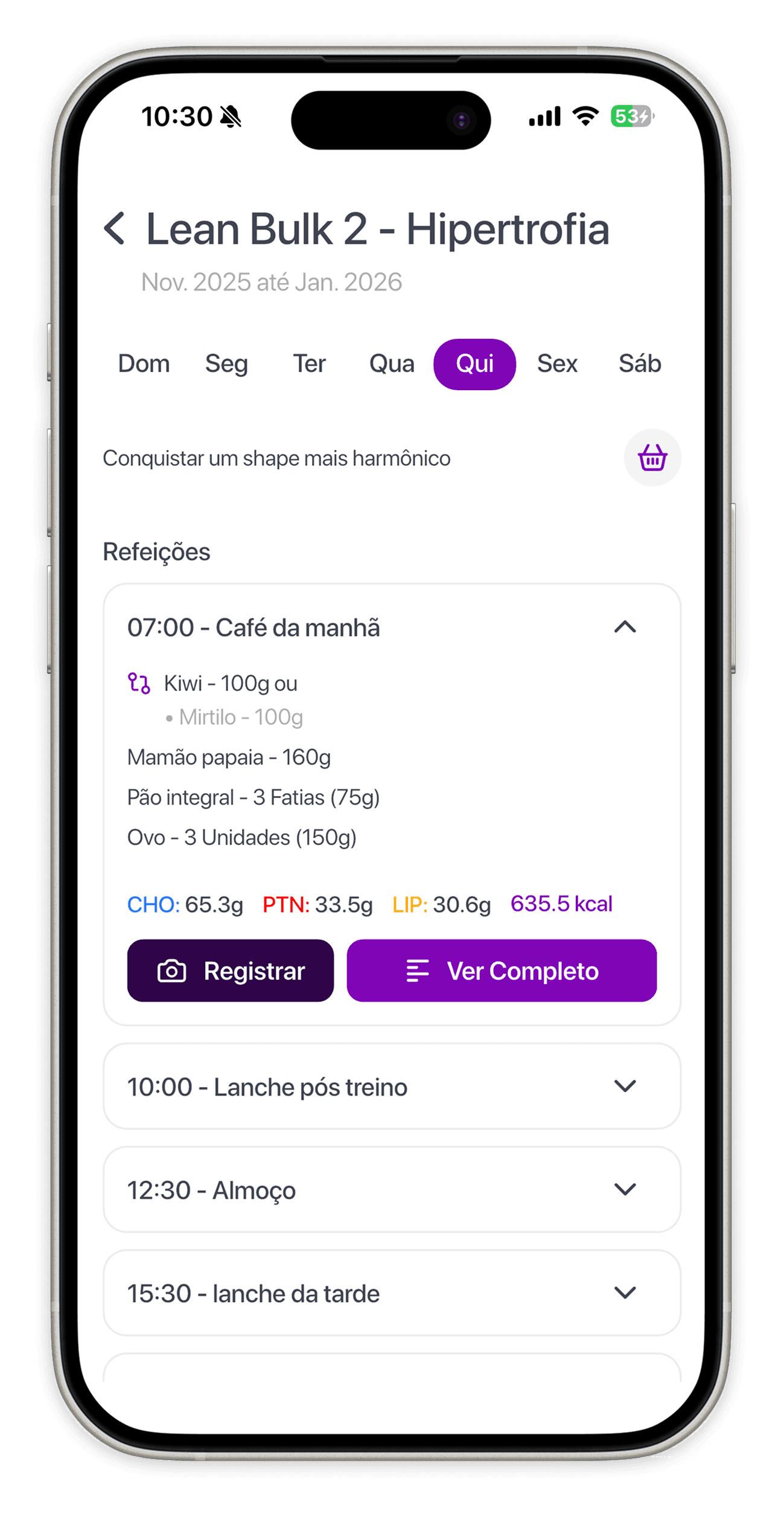 Tela do plano alimentar com refeicoes, macros e botoes para registrar.