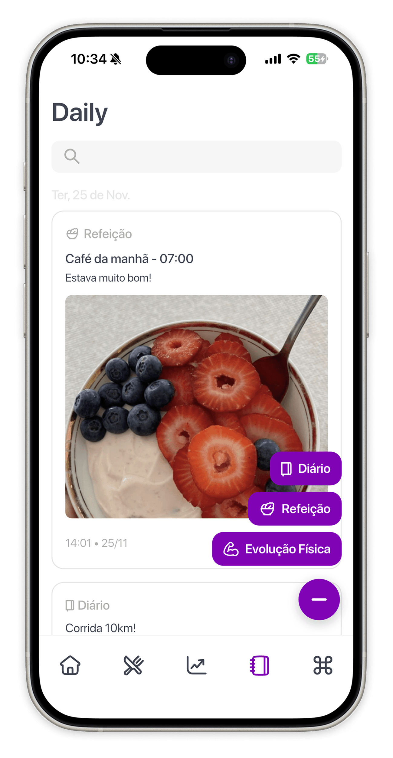 Tela do diario com foto de refeicao e atalhos de registro.